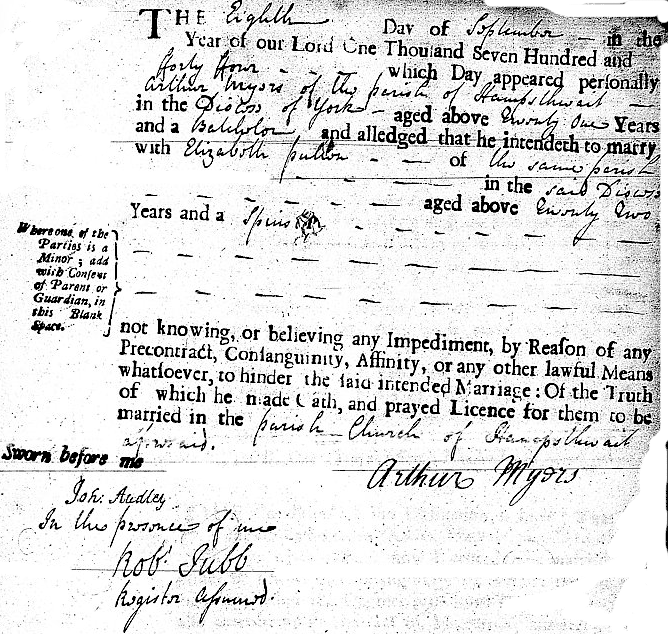 copy of marriage licence - Arthur Myers and Elizabeth Pullen (8 September 1744)