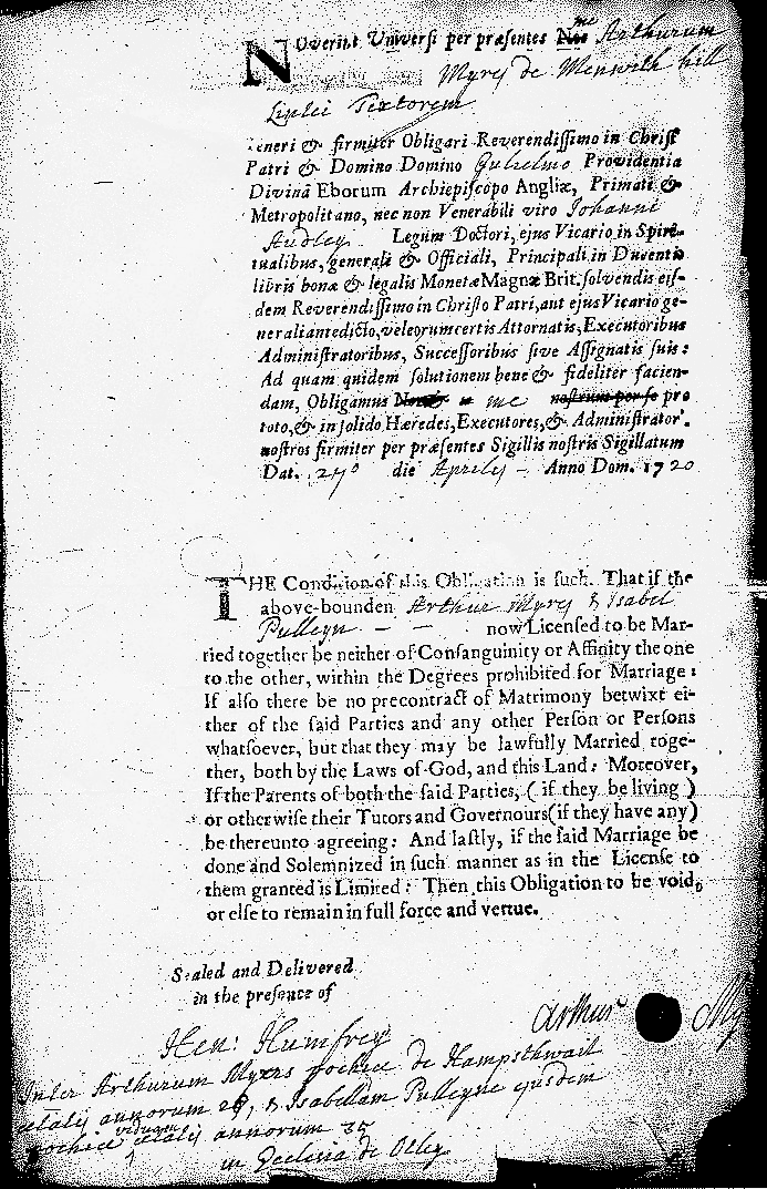 copy of marriage licence - Marriage licence - Arthur Myers and Isabel Pulleyne (8 September 1720)